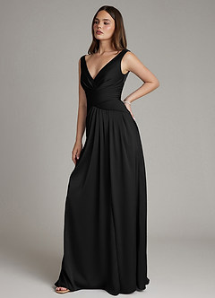 Azazie Pauline Bridesmaid Dresses Black A-Line Pleated Stretch Satin Dress image7