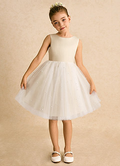 Azazie Esme Flower Girl Dresses Champagne Ball-Gown Bow Tulle Dress image6
