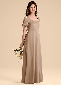 Azazie Briar Junior Taupe A-Line Bow Stretch Satin Dress image6