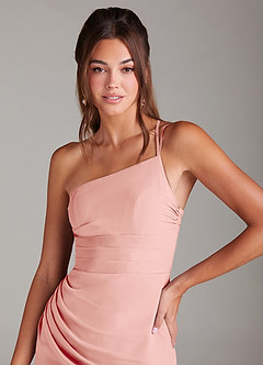 Azazie Eren Vestidos de damas de honor Vestido de Rosetón de Gasa de Corte Recto con Hombro unilateral image6