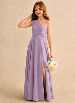 Azazie Puddles Girls Formal Abiti da Ragazza di Fiori Abito A-Line in Chiffon Monospalla Glicine image3