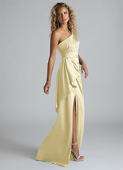 Azazie Maive Final Sale Lemon Sorbet Sheath Ruched Stretch Satin Dress image4