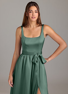Azazie Elliott Bridesmaid Dresses Eucalyptus A-Line with Pockets Stretch Satin Dress image2