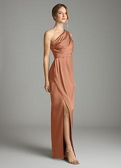 Azazie Emorie Venta Final Vestido de Bronceador de Satén Elástico de Corte Recto con Hombro unilateral image4