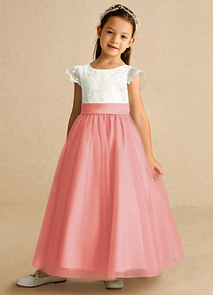 Azazie Pookie Flower Girl Dresses Coral A-Line Lace Tulle Dress image1