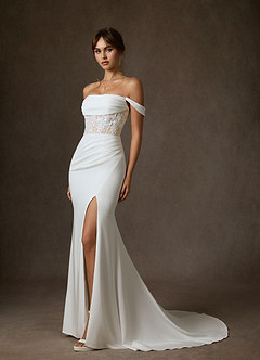 Azazie Alyce Wedding Dresses Diamond White Champagne Mermaid Off the Shoulder Crepe Back Satin Dress image1