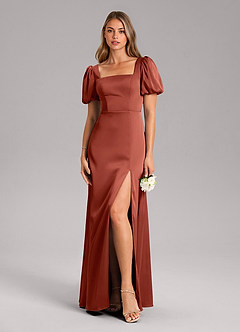 Azazie Fyona Bridesmaid Dresses Terracotta A-Line Pleated Stretch Satin Dress image3