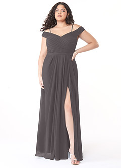 Azazie Audrianna Vestidos de damas de honor Vestido de Gris Acero de Gasa de Corte En A Convertible con Hombros descubiertos image7