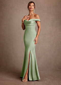 Azazie Boone vestidos de madre de la novia Vestido de Salvia Polvorienta de Satén Elástico de Corte Sirena con Vestidos sin tirantes image4