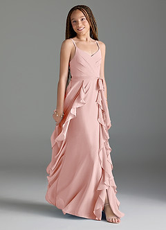 Azazie Peyton Junior Powder Pink A-Line V-Neck Cascading Ruffles Chiffon Dress image3