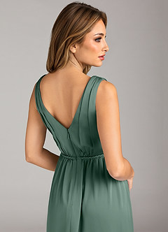 Azazie Tanicia Bridesmaid Dresses Eucalyptus A-Line Pleated Stretch Satin Dress image7