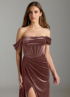 Azazie Amyra Bridesmaid Dresses Espresso Sheath Off the Shoulder Velvet Convertible Dress image4