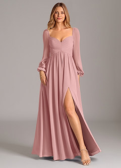 Azazie Alia At-home Try On Dresses Dusty Rose A-Line Long Sleeve Chiffon Dress image1
