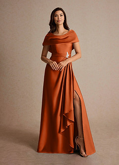 Azazie Branford Vestidos para mãe da noiva Vestido Laranja Queimada de Cetim elástico de Linha A com Plissado image7