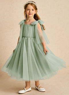 Azazie Dori Robe Demoiselle D'honneur Fillette Robe Trapèze en Tulle Rayé Vert Sauge image5