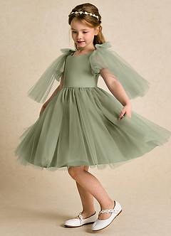 Azazie Duchess Flower Girl Dresses Pistachio A-Line with Sleeves Tulle Dress image4