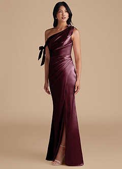 Azazie Xyla Bridesmaid Dresses Cabernet Sheath Off the Shoulder Metallic Satin Convertible Dress image6