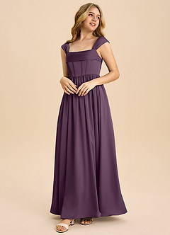 Azazie Hattie Junior Plum A-Line Pleated Stretch Satin Dress image1