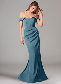 Azazie Everly Jurken voor bruidsmeisjes Converteerbaar Jurk van Stretch Satijn met Zeemeermin Off the Shoulder Bermuda image6