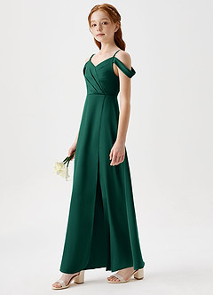 Azazie Ocean Junior Emerald A-Line Off the Shoulder Stretch Satin Dress image3