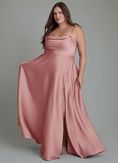 Azazie Elle Robes de demoiselle d'honneur Robe Trapèze en Satin extensible Plissé Rose Poussiéreuse image8