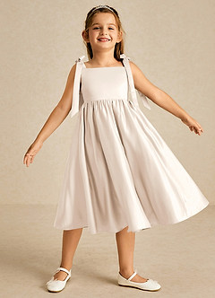 Azazie Chelsie Flower Girl Dresses White Alabaster A-Line Bow Matte Satin Dress image1