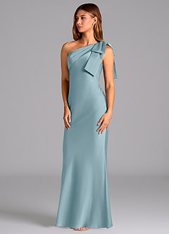 Azazie Yuanna Robes de demoiselle d'honneur Robe Sirène en Satin extensible Ue épaule Bleu Maussade image4
