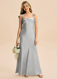 Azazie Willa Junior Silver A-Line Bow Stretch Satin Dress image4
