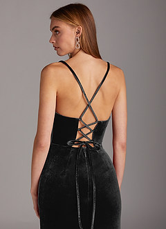 Azazie Kindness At-home Try On Dresses Black Sheath Cowl Neckline Corset Velvet Dress image5