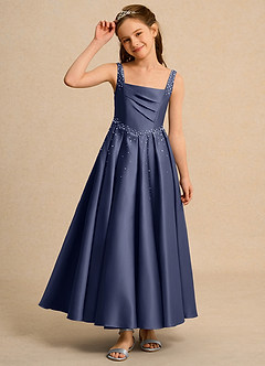Azazie Mochi Girls Formal Robe Demoiselle D'honneur Fillette Robe Princesse en Mat Satiné Plissée Bleu Orageux image6