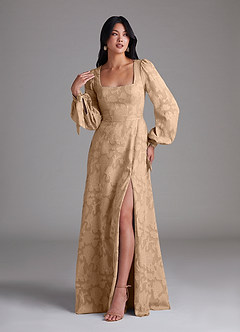Azazie Leonia Bridesmaid Dresses Champagne A-Line Long Sleeve Floral Burnout Dress image4