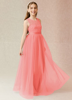 Azazie Georgette Junior Coral A-Line Lace Tulle Dress image4