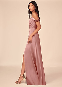 Azazie Ocean Bridesmaid Dresses Rosette A-Line V-Neck Pleated Stretch Satin Dress image3