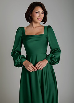 Azazie Solana Abiti da Damigella Abito A-Line in Raso Elasticizzato Maniche Lunghe Verde Scuro image3