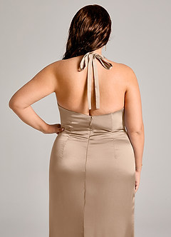 Azazie Valerie Bridesmaid Dresses Taupe Mermaid Pleated Stretch Satin Dress image2