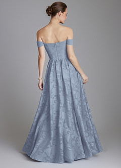 Azazie Raisa At-home Try On Dresses Dusty Blue A-Line Off the Shoulder Floral Burnout Dress image2