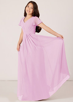 Azazie Peony Junior Vestido de Rosa Caramelo de Gasa de Corte en A con Plisado image4