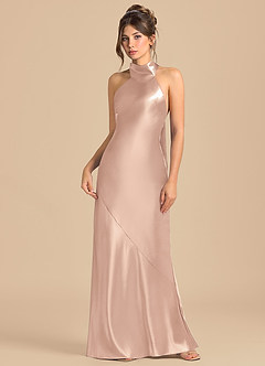 Azazie Velli Robes de demoiselle d'honneur Robe Fourreau en Satiné métallisé Col Haut Rose Perle image3