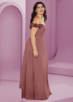 Barbie ♥ Azazie Suknie dla druhen Rozkloszowana szyfonowa sukienka z odkrytymi ramionami i kwiatowymi rozetkami image15