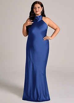 Azazie Velli Abiti da Damigella Abito Sirena in Raso Elasticizzato Collo Alto Blu Reale image9