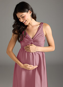Azazie Yetta Maternity Bridesmaid Dresses A-Line Pleated Stretch Satin Floor-Length Dress image2