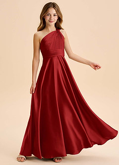 Azazie Charlize Junior Pomegranate A-Line Pleated Stretch Satin Dress image5