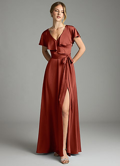 Azazie Lainey Bridesmaid Dresses Terracotta A-Line with Pockets Stretch Satin Dress image3