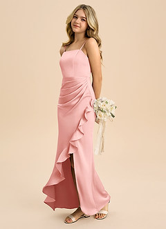 Azazie Buzzy Junior Powder Pink Sheath Pleated Stretch Satin Dress image6
