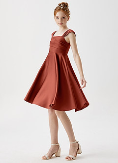 Azazie Amira Junior Terracotta A-Line Pleated Stretch Satin Dress image4