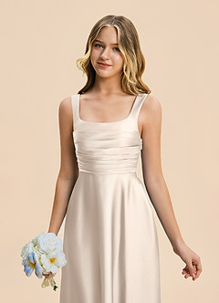Azazie Azaria Junior White Alabaster A-Line Pleated Stretch Satin Dress image7