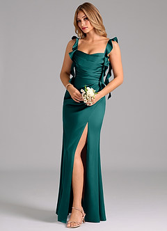 Azazie Jessamine Bridesmaid Dresses Peacock A-Line Corset Stretch Satin Dress image1