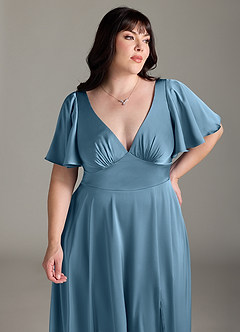 Azazie Kimber Bridesmaid Dresses Steel Blue A-Line Ruched Stretch Satin Dress image11