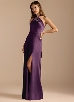 Azazie Tracie Bridesmaid Dresses Plum A-Line Pleated Metallic Satin Dress image4