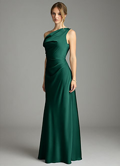 Azazie Emerson Bridesmaid Dresses Emerald Mermaid Off the Shoulder Stretch Satin Dress image2
